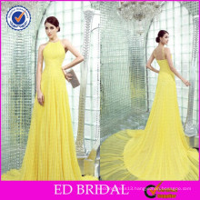 ED Bridal Spaghetti Straps Pleated Sweep Train Chiffon Yellow Night Evening Gowns in India